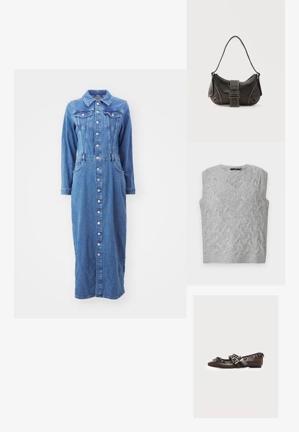 Grå strikket vest med V-hals og uden ærmer. Har et struktureret kabelmønster og ribbede kanter. Materialet ser blødt og hyggeligt ud.; Denimkjole med knaplukning foran, lange ærmer, brystlommer og en tætsiddende talje, i en medium blå vask med en lige silhuet.; Mørkebrune læder flade sko med spids snude, dekorativ sløjfe, sølvspænder og metal øjer omkring kanterne.; Sort læder skuldertaske med spænde på remmen, afrundede kanter og kontrasterende hvide syninger på en ensfarvet baggrund.