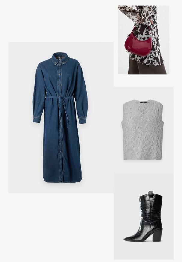 Gilet en tricot gris avec un col en V et sans manches. Présente un motif en câble texturé et des bords côtelés. Le matériau semble doux et confortable.; Robe chemise en denim bleu foncé, avec un devant à boutons, un col, des manches longues, une taille élastique avec une ceinture assortie et des poches latérales.; Botte western noire midi avec bouts pointus, talon carré, et texture en cuir verni gaufré crocodile sur fond blanc.; Femme portant un chemisier à motif noir et blanc tenant un sac à main rouge brillant sur un fond uni.