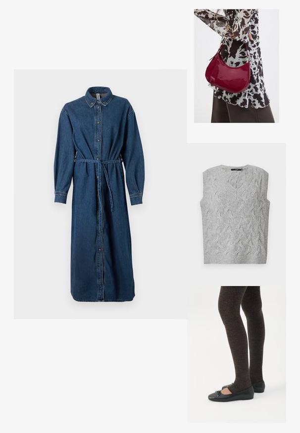 Grå strikket vest med V-hals og uden ærmer. Har et struktureret kabelmønster og ribbede kanter. Materialet ser blødt og hyggeligt ud.; Denim skjorte kjole i mørkeblå, med knaplukning foran, krave, lange ærmer, elastisk talje med en matchende bælte og side lommer.; Ben iført mørke ribbede leggings kombineret med sorte balletsko med små sløjfedetaljer på hvid baggrund.; Kvinde iført en sort- og hvidmønstret bluse, der holder en blank rød skuldertaske mod en ensfarvet baggrund.
