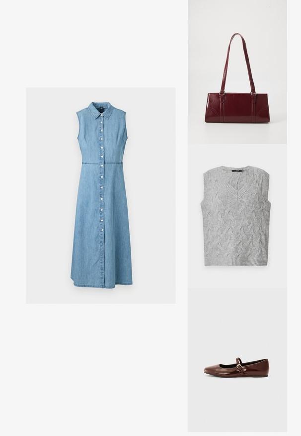 Grå strikket vest med V-hals og uden ærmer. Har et struktureret kabelmønster og ribbede kanter. Materialet ser blødt og hyggeligt ud.; Ærmeløs lyseblå denim midi-kjole med krave og knaplukning foran, figursyet talje og A-line nederdel.; Brun patentlæder balletflade med firkantet tå og strop med en lille guldbuckle. Glat tekstur, lav hæl og minimalistisk design.; Bordeaux håndtaske lavet af glansfuldt materiale, rektangulær form, med to skulderremme og subtile buede detaljer på forsiden.