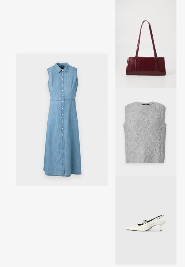 Grå strikket vest med V-hals og uden ærmer. Har et struktureret kabelmønster og ribbede kanter. Materialet ser blødt og hyggeligt ud.; Ærmeløs lyseblå denim midi-kjole med krave og knaplukning foran, figursyet talje og A-line nederdel.; Spidse slingback sko i blank hvid læder med to justerbare spænder og en 6 cm stiletto hæl.; Bordeaux håndtaske lavet af glansfuldt materiale, rektangulær form, med to skulderremme og subtile buede detaljer på forsiden.