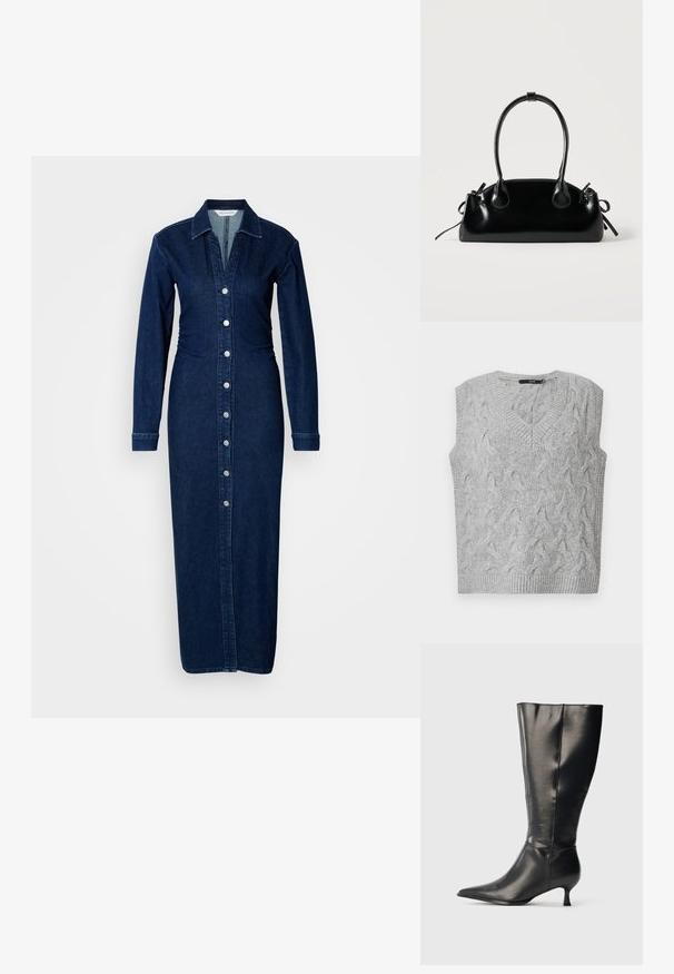 Grå strikket vest med V-hals og uden ærmer. Har et struktureret kabelmønster og ribbede kanter. Materialet ser blødt og hyggeligt ud.; Denimkjole med lange ærmer, krave og frontknaplukning. Mørkeblåt stof med tilpasset talje og lige maxilængde.; Sort knæhøj læderstøvle med spids tå og lav kittenhæl, vist på en enkel lys baggrund.; Lille sort blank håndtaske med to lange håndtag og snøre-detaljer i siden på en ensfarvet lys baggrund.