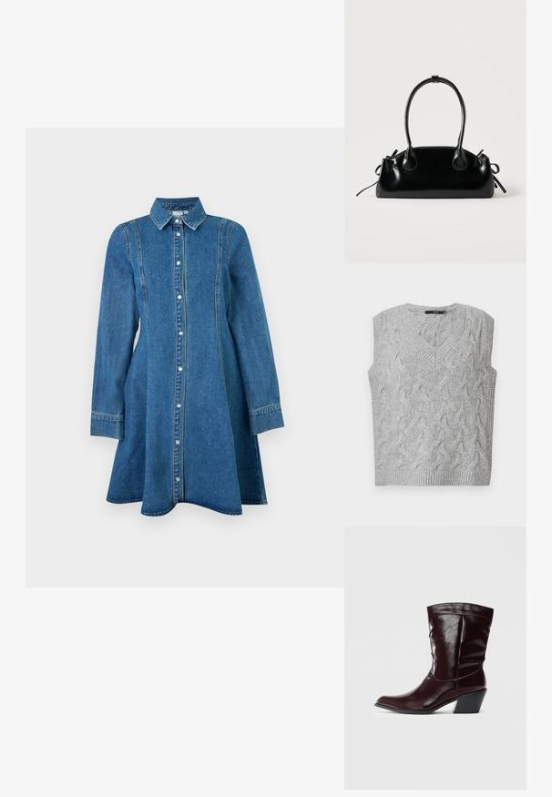 Grå strikket vest med V-hals og uden ærmer. Har et struktureret kabelmønster og ribbede kanter. Materialet ser blødt og hyggeligt ud.; Blå denim kjole med lange ærmer, krave, knaplukning foran og sømdetaljer, der flaner let ved kanten.; Bordeaux læder ankelstøvler med spids tå, tekstureret overflade og en lav, taperet hæl. Har diskrete søm og en tætsiddende pasform.; Lille sort blank håndtaske med to lange håndtag og snøre-detaljer i siden på en ensfarvet lys baggrund.