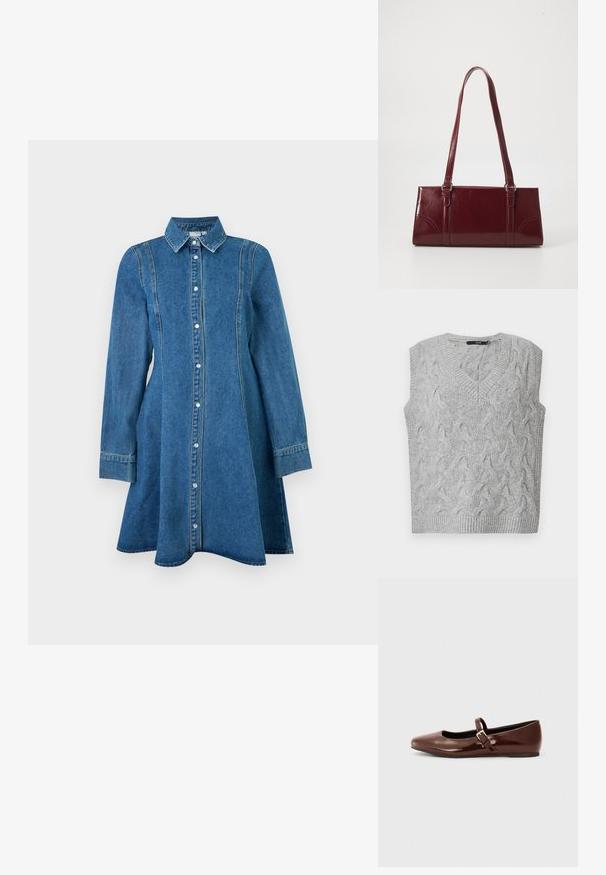 Grå strikket vest med V-hals og uden ærmer. Har et struktureret kabelmønster og ribbede kanter. Materialet ser blødt og hyggeligt ud.; Blå denim kjole med lange ærmer, krave, knaplukning foran og sømdetaljer, der flaner let ved kanten.; Brun patentlæder balletflade med firkantet tå og strop med en lille guldbuckle. Glat tekstur, lav hæl og minimalistisk design.; Bordeaux håndtaske lavet af glansfuldt materiale, rektangulær form, med to skulderremme og subtile buede detaljer på forsiden.