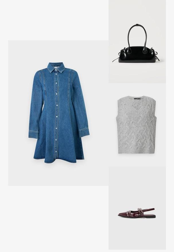 Grijze gebreide vest met een V-hals en zonder mouwen. Heeft een getextureerd kabelpatroon en ribgebreide randen. Het materiaal lijkt zacht en gezellig.; Blauwe denim jurk met lange mouwen, kraag, knoopsluiting aan de voorkant en naaddetails, licht uitlopend aan de zoom.; Bordeaux glanzend leren slingback platte schoen met een puntige neus, uitgerust met decoratieve banden met metallic accenten.; Kleine zwarte glanzende handtas met twee lange hengsels en zijkant trekkoord details op een effen lichte achtergrond.