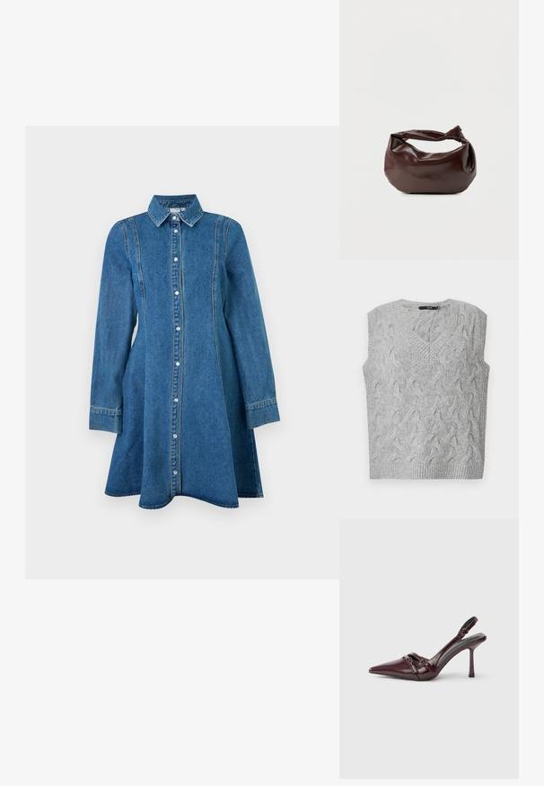 Grå strikket vest med V-hals og uden ærmer. Har et struktureret kabelmønster og ribbede kanter. Materialet ser blødt og hyggeligt ud.; Blå denim kjole med lange ærmer, krave, knaplukning foran og sømdetaljer, der flaner let ved kanten.; Bourgogne laklæder slingback-hæl med spids tå, tynd ankelrem og lille dekorativ spænde. Glat tekstur og høj hæl.; Mørkebrun læder skuldertaske med en blød, afslappet form og et snoet knudehåndtag på en ensartet hvid baggrund.