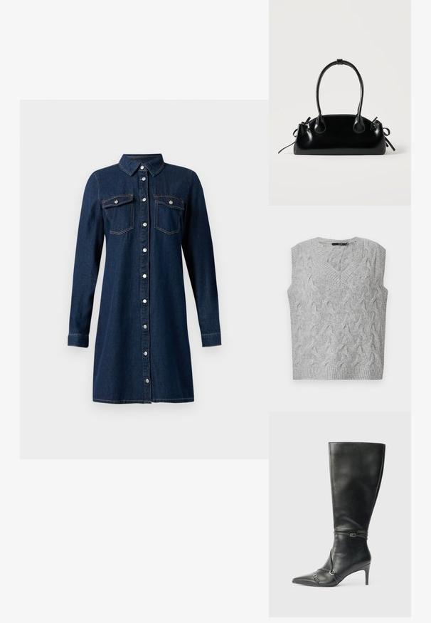 Gilet en tricot gris avec un col en V et sans manches. Présente un motif en câble texturé et des bords côtelés. Le matériau semble doux et confortable.; Robe chemise en denim bleu foncé à manches longues avec col, boutons-pression argentés sur le devant et deux poches poitrine à rabat avec boutons-pression.; Bottes noires en cuir montant jusqu'au genou, avec un talon fin, un bout pointu et des détails de lanière à la cheville. Texture lisse et design ajusté.; Petit sac à main noir brillant avec deux longues anses et des détails à cordon sur les côtés sur un fond clair uni.