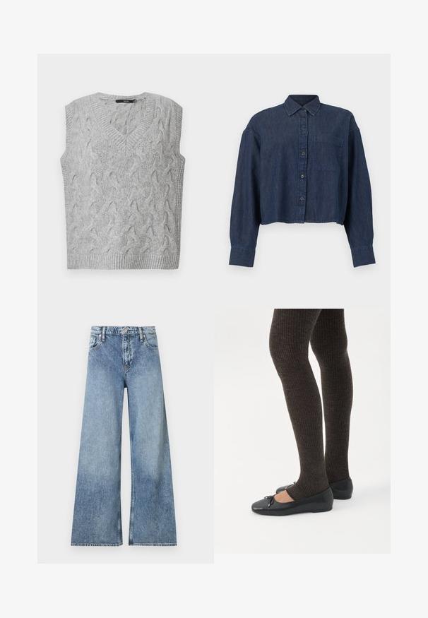 Grå strikket vest med V-hals og uden ærmer. Har et struktureret kabelmønster og ribbede kanter. Materialet ser blødt og hyggeligt ud.; Mørkeblå denim kort skjorte med lange ærmer, knapper foran, krave og en enkelt brystlomme mod en hvid baggrund.; Lyseblå, vidtbens denimjeans med forlommer, bæltestropper, knappelukning og falmet detaljer.; Ben iført mørke ribbede leggings kombineret med sorte balletsko med små sløjfedetaljer på hvid baggrund.