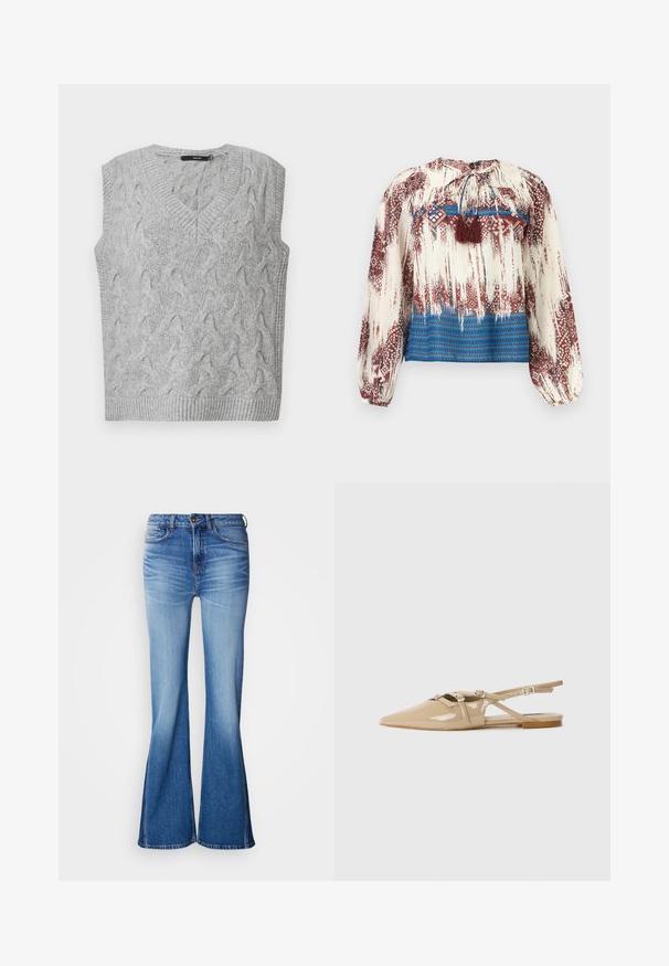 Grijze gebreide vest met een V-hals en zonder mouwen. Heeft een getextureerd kabelpatroon en ribgebreide randen. Het materiaal lijkt zacht en gezellig.; Blouse met lange mouwen en abstracte rode en witte patronen, blauwe horizontale strepen aan de zoom en bruine kwastjes aan de halslijn.; Jeans van blauw denim met wijde pijpen, een taille op middenhoogte, contrasterende stiksels en een lichte verouderingslook. Klassiek ontwerp met vijf zakken en een knoopsluiting.; Beige patenten leren slingback flats met puntige neus, decoratieve banden en gespen, en een lage hak. Glad, glanzend oppervlak met minimale details.