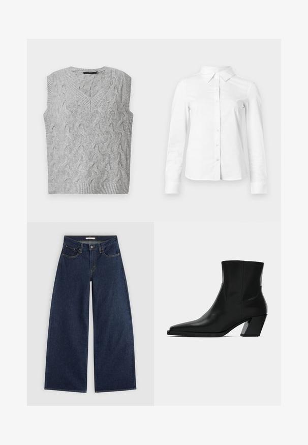Gilet en tricot gris avec un col en V et sans manches. Présente un motif en câble texturé et des bords côtelés. Le matériau semble doux et confortable.; Chemise blanche à manches longues avec boutons, col pointu, ourlet droit et silhouette ajustée, présentée sur un fond clair uni.; Jean denim bleu foncé à jambes larges, avec poches avant, passants de ceinture et fermeture par bouton, présenté à plat sur un fond clair.; Bottine en cuir noir avec un bout pointu, une silhouette élégante et un talon carré massif. Texture lisse avec des détails de couture minimalistes.