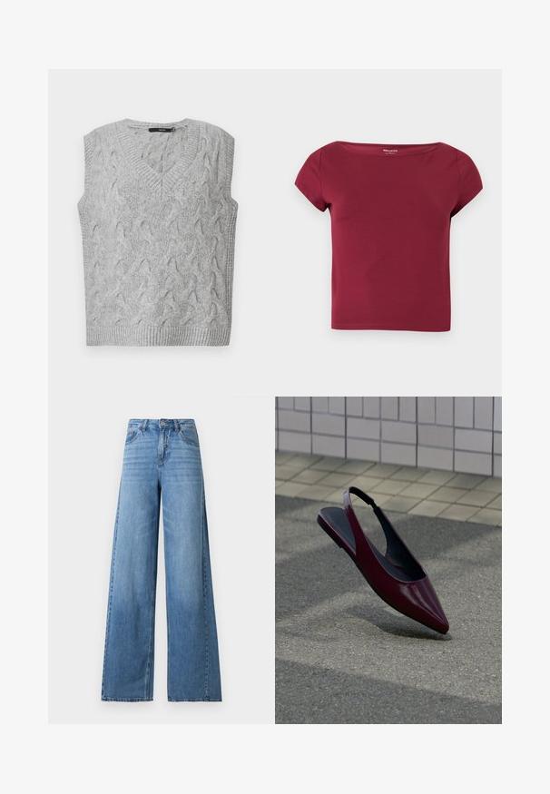 Grå strikket vest med V-hals og uden ærmer. Har et struktureret kabelmønster og ribbede kanter. Materialet ser blødt og hyggeligt ud.; Kortærmet, ensfarvet burgunder crop top med bred halsudskæring og glat stof, vist på en ensfarvet lys baggrund.; Lyseblå jeans med højtaljet, vide ben, frontknap og lynlås, lommer foran og bagpå samt subtil afblegning på lårene.; Bordeaux laklæder slingback flad sko med spids tå, svævende over tekstureret fortov nær flisebelagt væg.