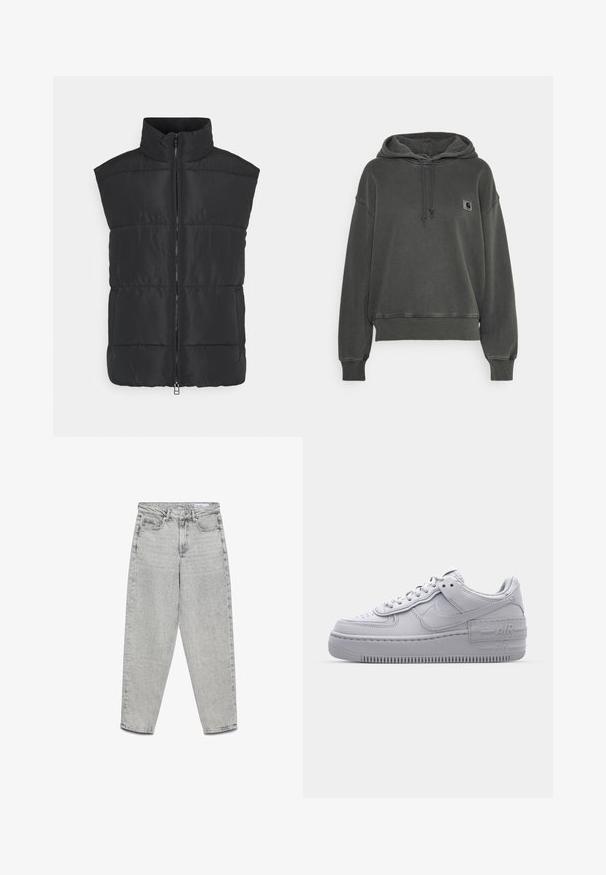 Monki Veste sans manches - black dark; Carhartt WIP HOODED NELSON - Sweat à capuche - black; Jean gris clair taille haute, coupe droite, avec poches avant, passants de ceinture et fermeture éclair.; Basket en cuir lisse gris Nike Air Force 1 avec un bout perforé, une semelle épaisse et un détail 'AIR' en relief sur le talon.