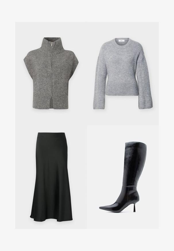 Pull en maille gris avec un col montant, fermeture éclair à l'avant et manches courtes. L'ourlet côtelé et les côtés fendus mettent en valeur le design texturé.; Pull en maille gris clair à manches longues avec col rond côtelé, poignets et ourlet, présenté à plat sur un fond blanc.; Jupe en satin noir avec une silhouette évasée, à mi-longueur, texture lisse et taille simple, sans embellissements.; Bottes noires à talons aiguilles montantes, avec une finition en cuir brillant, un bout pointu et un talon effilé, présentant une surface lisse et un design élégant.