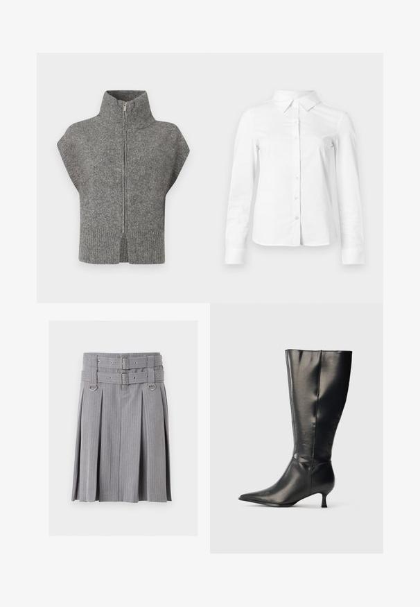 Grå strikket sweater med høj krave, frontlynlås og kapærmer. Ribbet kant og split-sider fremhæver det strukturerede design.; Hvid skjorte med lange ærmer, knapper, spids krave, lige kant og tætsiddende silhuet, vist på en ensartet lys baggrund.; Grå plisseret nederdel med striber med dobbelt bælte og sølvspænder, med D-ring detaljer ved taljen.; Sort knæhøj læderstøvle med spids tå og lav kittenhæl, vist på en enkel lys baggrund.