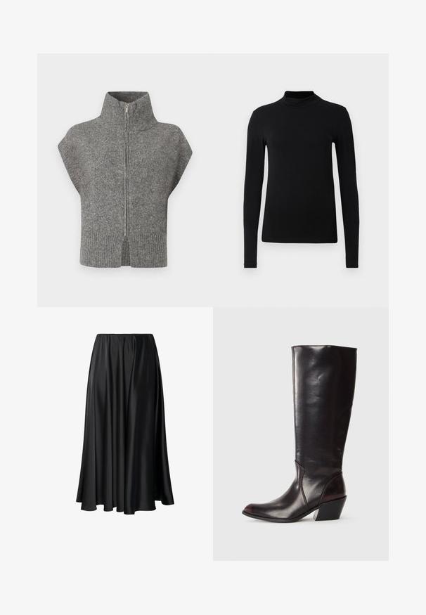 Grijze gebreide trui met een hoge kraag, voorkleurige rits en kapmouwen. De geribbelde zoom en de splitzijden verbeteren het textuurontwerp.; Zwarte langemouwen turtleneck shirt gemaakt van gladde stof; aansluitend ontwerp met een hoge kraag en geen zichtbare naden. Eenvoudige, effen kleur.; Zwarte maxi rok van gladde stof, met een elastische tailleband, een volle silhouet en een vloeiende zoom zonder zichtbare patronen of details.; Knielange, donkerbruine leren laars met een spitse neus, hoekige blokhak en een gladde, glanzende textuur. Heeft een strak ontwerp en stikdetails.