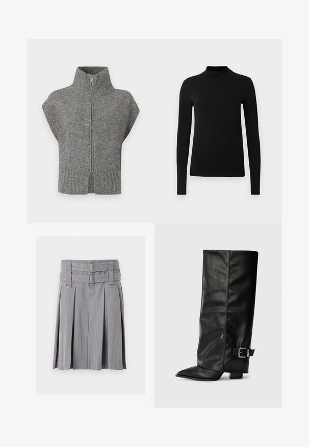 Grå strikket sweater med høj krave, frontlynlås og kapærmer. Ribbet kant og split-sider fremhæver det strukturerede design.; Sort langærmet turtleneck skjorte lavet af glat stof; tætsiddende design med høj krave og ingen synlige sømme. Enkel, ensfarvet.; Grå plisseret nederdel med striber med dobbelt bælte og sølvspænder, med D-ring detaljer ved taljen.; Sorte læder ankelstøvler i ankellængde med spids tå, glat tekstur og en sølvspændeaccents på siden. Kraftig firkantet hæl.