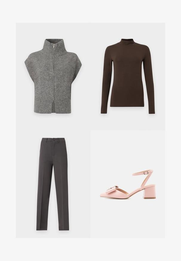 Grå strikket sweater med høj krave, frontlynlås og kapærmer. Ribbet kant og split-sider fremhæver det strukturerede design.; Brun langærmet turtleneck-top lavet af blødt stof. Tætsiddende design med høj krave og sømløse ærmer. Ingen synlige mønstre eller hardware.; Mørkegrå skræddersyede bukser med lige ben, forreste presning, knaplukning og bæltestropper på ensfarvet baggrund.; Lyserød sko med mellemhøj hæl, ankelrem, spids tå, dekorativ sløjfe og spænde på en ensartet lys baggrund.