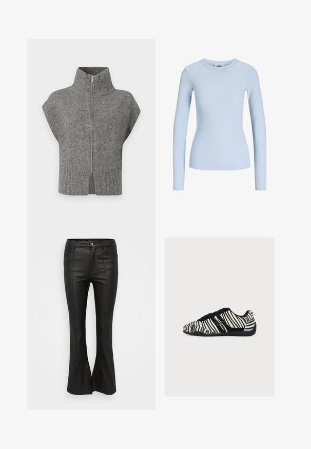 Grå strikket sweater med høj krave, frontlynlås og kapærmer. Ribbet kant og split-sider fremhæver det strukturerede design.; Lyseblå, langærmet ribstrikket top med rund halsudskæring og tætsiddende pasform.; Sorte udvidede bukser med en skinnende, læderlignende tekstur, der har frontlommer, knaplukning og slids i siderne ved kanten.; Lavprofil sneakers med sorte og hvide zebrastriber, sorte snørebånd og tekstureret sort sål, vist fra siden på en hvid baggrund.