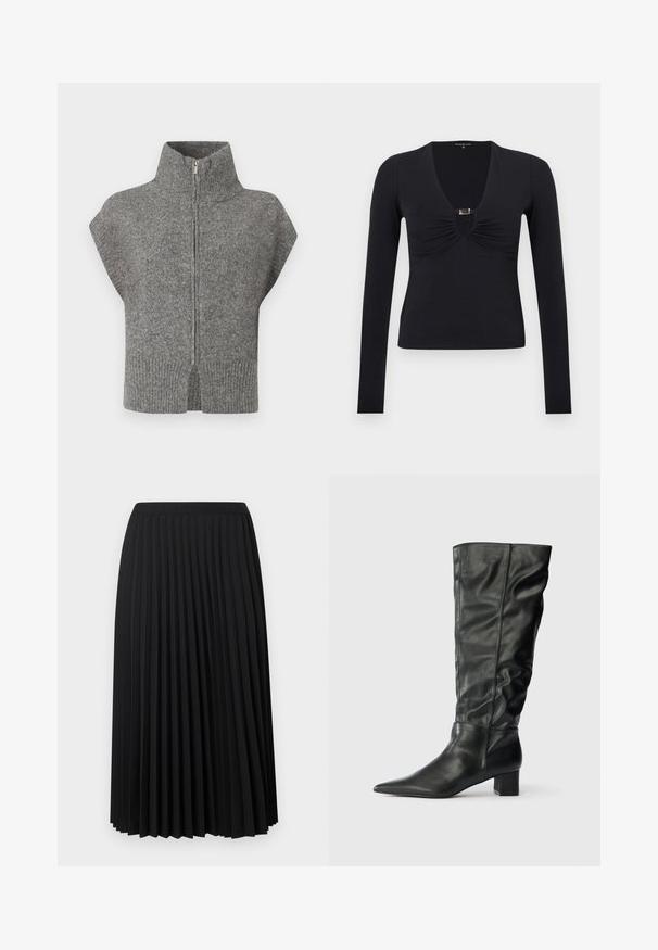 Grå strikket sweater med høj krave, frontlynlås og kapærmer. Ribbet kant og split-sider fremhæver det strukturerede design.; Sort langærmet top med dyb V-udskæring, indsamlet stof ved brystet og en frontudskæring med en guldlignende detalje.; Sort plisseret midinederdel med elastisk linning. Har flere lodrette plisseringer for tekstur og bevægelse. Fremstillet af et glat, let stof.; Sorte læderknæhøje støvler med spids tå, afslappet skaft og blokhæl. Glat tekstur med minimal synlig syning.