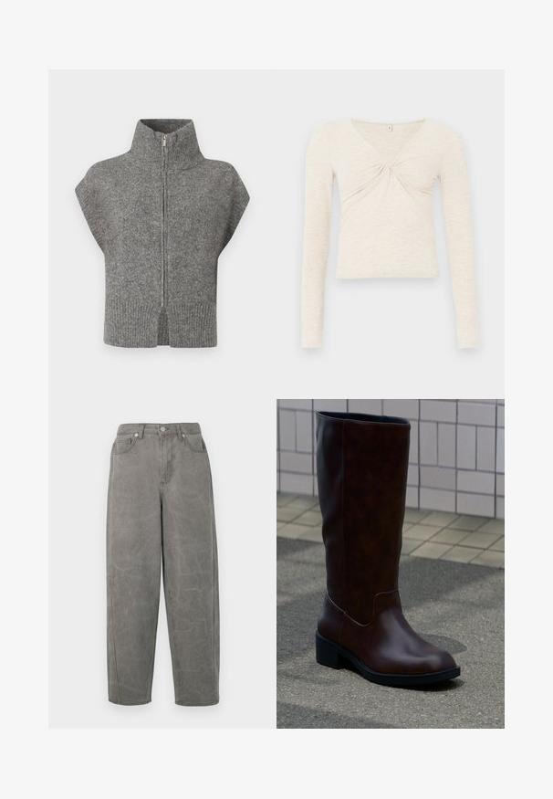 Grå strikket sweater med høj krave, frontlynlås og kapærmer. Ribbet kant og split-sider fremhæver det strukturerede design.; Creme langærmet top lavet af blødt, tekstureret stof. Har en V-udskæring og en twist-detalje i midten. Forkortet design.; Grå denimbukser med en afslappet pasform, høj talje, fem-lommers design og subtil falmning. Har lynlåsgylp og metalknaplukning.; Mørkebrun læderstøvle til midt på læggen med rund tå og lav blokhæl, der står på fortov nær flisebelagt væg.