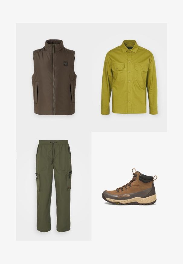 Brun ærmeløs vest med høj krave, frontlynlås og to sidelommer. Har et logo-patch på venstre bryst. Glat tekstur.; Langærmet skjorte i olivengrøn, lavet af bomuldsblanding, med en nedknappet krave og to forlommer med knapklapper.; Oliven grøn cargo bukser lavet af let materiale, med elastisk talje, snorelukning og flere lynlåslommer.; Brun og beige vandrestøvle i mellem højde med sort polstret krave, Gore-Tex-logo, metaløjer og Vibram-ydersål.