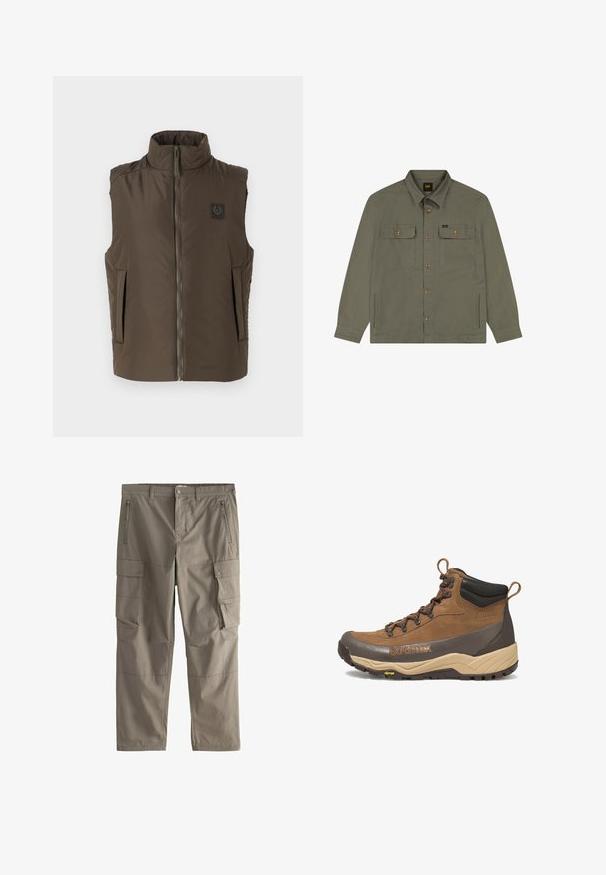 Brun ærmeløs vest med høj krave, frontlynlås og to sidelommer. Har et logo-patch på venstre bryst. Glat tekstur.; Olivengrøn skjortejakke med knapper, to brystlommer med klap, to sidelommer, lange ærmer og krave.; Khaki cargobukser med bæltestropper, lynlåslommer foran, sidelommer med trykknapper og lige ben.; Brun og beige vandrestøvle i mellem højde med sort polstret krave, Gore-Tex-logo, metaløjer og Vibram-ydersål.
