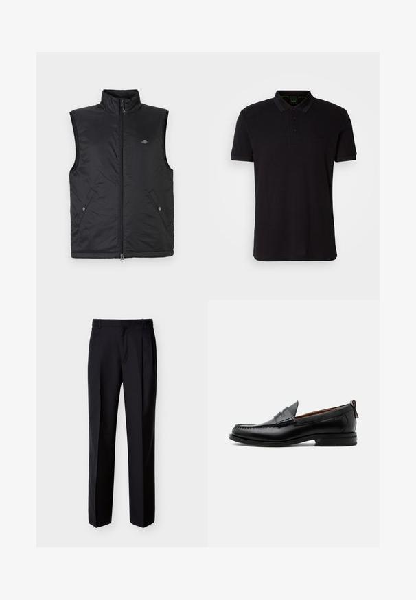 Chaleco negro sin mangas hecho de material ligero acolchado. Cuenta con un cuello alto, cierre de cremallera frontal y dos bolsillos delanteros con cierres de broche.; Polo negro hecho de una tela suave, con un collar clásico, tapeta de tres botones y un logo bordado en el pecho.; Pantalones negros hechos a medida con corte recto, pinzas delanteras y bolsillos laterales. Elaborados con una tela suave y ligera con un patrón sólido.; Mocasín de hombre de piel negra con costura moc toe, tira penny, cuello texturizado y tacón bajo apilado sobre fondo blanco.