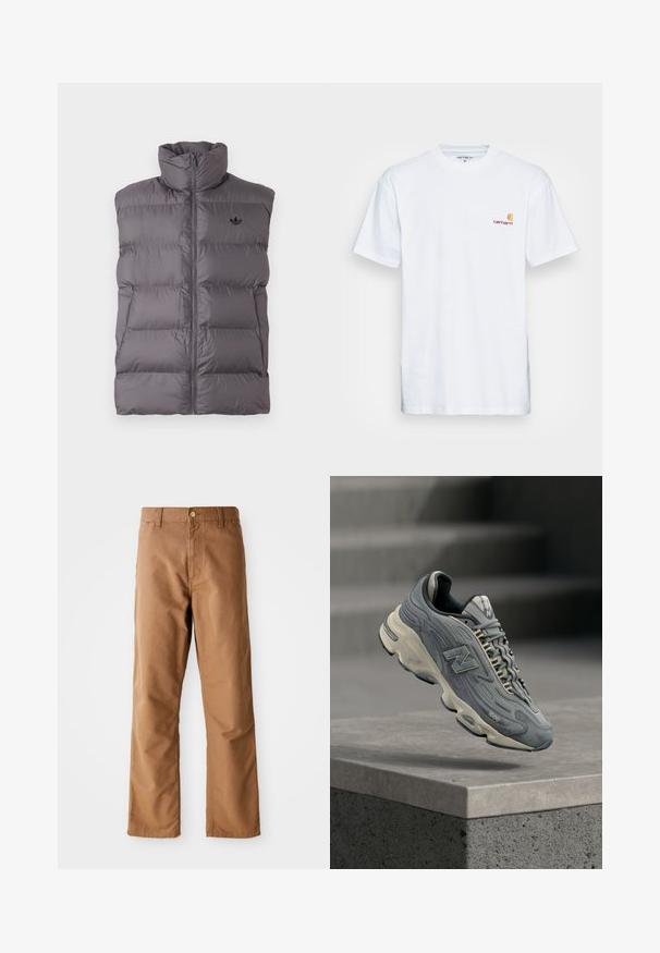 Mørkegrå polstret ærmeløs vest med høj krave, frontlynlås, sidelommer og lille sort logo på venstre bryst.; Hvid bomulds t-shirt med korte ærmer. Designet med et lille orange og maroon logo på venstre bryst. Har en klassisk rund hals.; Brune lige ben bukser med bæltestropper, forlommer, knaplukning og lynlåsgylp på hvid baggrund.; Grå New Balance 1000-sneaker med cremefarvet sål, snørebånd og mærkning, svævende over en betonkanter med slørede trapper i baggrunden.