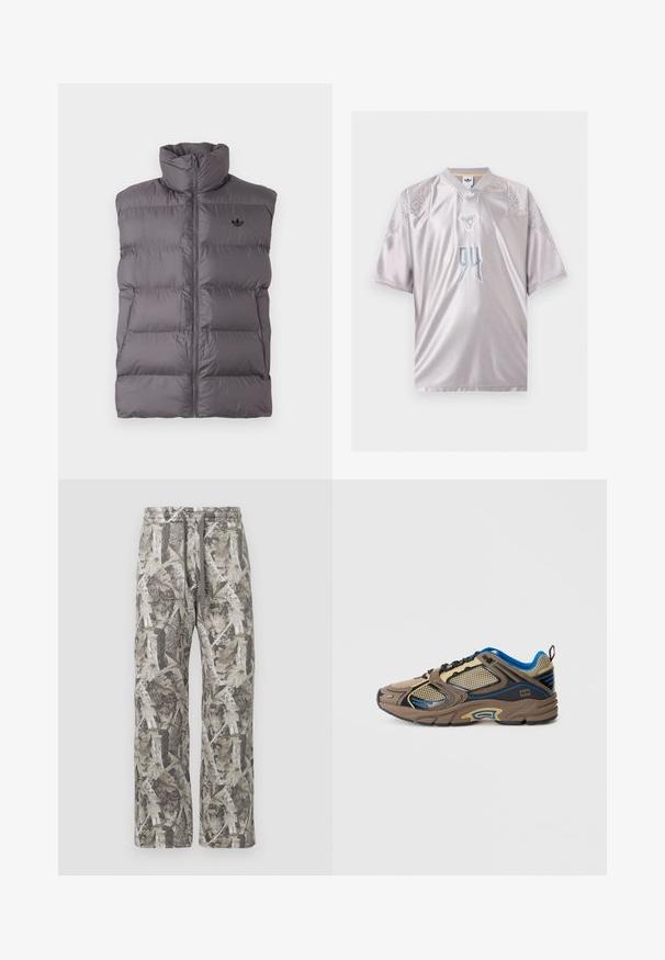 Tumehall padjakraevel vest ilma varrukat, kõrge krae, ees lukuga, küljetaskud ning väike must logo vasakul rinnal.; Hõbedane Adidas spordisärk lühikeste varrukatega, valgete täpiliste mustritega õlgadel ja numbri 94 stiliseeritud kujundusega ees keskel.; Kamuflaažiprintiga püksid, millel on lõdvestunud lõige, halli ja beeži värvitoon, elastne vöökoht koos nööriga ning pehme kangast tekstuur.; Pruun ja must sportlik king siniste aktsentidega, silmadega ja sünteetilisest materjalist, millel on tekstuuriga pind ja pehmendatud põhi.