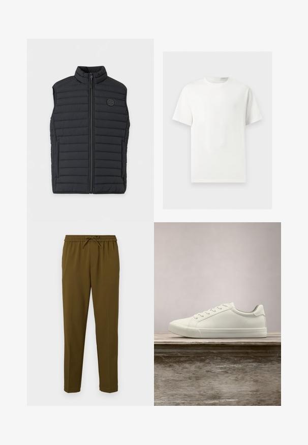 Veste sans manches matelassée noire avec fermeture éclair intégrale à l'avant, col montant, poches latérales et un petit logo rond sur la poitrine gauche.; T-shirt blanc uni à manches courtes et col rond présenté sur un fond gris clair.; Pantalon léger vert olive avec une taille élastique et un cordon de serrage réglable. Il présente des jambes droites et aucune poche. Texture lisse.; Sneaker en dentelle blanche flottant au-dessus d'un banc en bois avec un feuillage vert en arrière-plan, mettant en valeur le design et la texture de la chaussure.