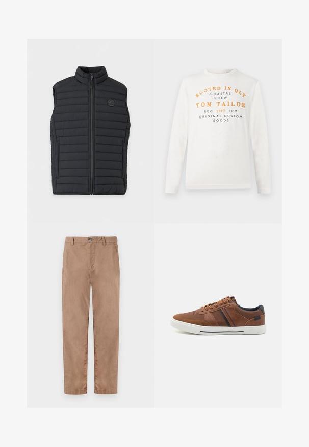 Veste sans manches matelassée noire avec fermeture éclair intégrale à l'avant, col montant, poches latérales et un petit logo rond sur la poitrine gauche.; Chemise blanche à manches longues avec un texte orange et noir indiquant "Rooted in QLY Coastal Crew Tom Tailor Reg 1962 TRM Original Custom Goods" sur le devant.; TOM TAILOR REGULAR WASHED - Chino - caribou beige; Baskets en cuir marron avec une texture lisse, semelle en caoutchouc blanc, accents noirs et couture décorative avec des rayures latérales.
