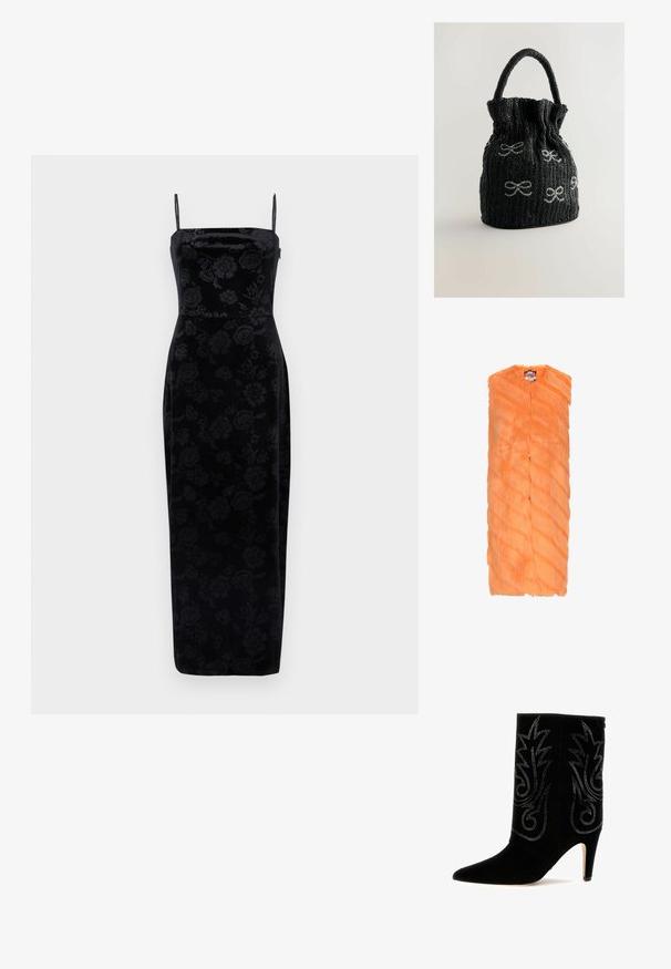 Oranje nepbont vest met een colless ontwerp, voorzien van een gemêleerd, golvend patroon en een sluiting met knopen aan de voorkant. Lichtgewicht en mouwloos.; Zwarte fluwelen midi-jurk met dunne bandjes en een bloemmotief. Gladde textuur met een aansluitende pasvorm die taps toeloopt naar de zoom.; Zwarte suède enkellaarzen met puntige neuzen, decoratieve zilveren borduursels en een 10 cm hoge stilettohak. Gladde textuur, aansluitend ontwerp.; Zwart kraaltasje met een gerimpelde bovenkant, versierd met zilveren strikjes en een ronde handgreep. Getextureerd oppervlak met een gestructureerde vorm.