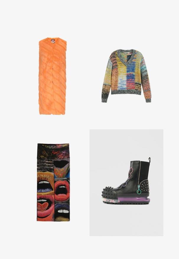 Oranje nepbont vest met een colless ontwerp, voorzien van een gemêleerd, golvend patroon en een sluiting met knopen aan de voorkant. Lichtgewicht en mouwloos.; Kleurrijke gebreide trui met V-hals en lange mouwen, met een patchworkpatroon in gele, blauwe, rode en grijze tinten.; Kleurrijk stoffenpaneel met zes grafische close-ups van open lippen in verschillende kleuren en patronen, waaronder een hartvormig voorwerp op een tong.; Zwarte leren laars met een chunky zool, studded accenten, kleurrijke ritsen en een gevoerde neus. Doorzichtige zool bevat decoratieve elementen van binnen.