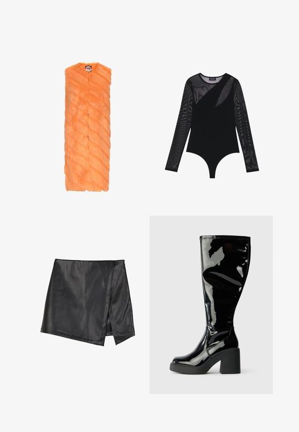Orange faux fur vest uden krave, med en struktureret, bølget mønster og frontknaplukning. Let og ærmeløs.; Sort bodysuit med lange, gennemsigtige meshærmer, der har en tætsiddende design, rund halsudskæring og en strømlinet, glat stofkrop.; Even&Odd by Zalando Mini skirts - black; Klassiske knæhøje støvler i sort patentlæder med en glat, skinnende overflade, firkantede tåspidser og kraftige sorte hæle. Søm detaljer langs siden.