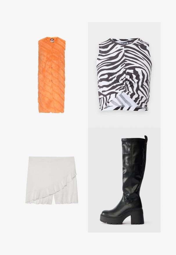 Oranje nepbont vest met een colless ontwerp, voorzien van een gemêleerd, golvend patroon en een sluiting met knopen aan de voorkant. Lichtgewicht en mouwloos.; Zebra-gepatrooneerde cropped tanktop van zachte stof, met een twistdetail bij de taille en een ronde halslijn. Monochroom kleurenschema.; Witte shorts van een textuurstof, met een asymmetrische volants aan één kant en een iets uitlopende zoom.; Knee-high zwarte neplederen laarzen met een chunky plateauhak, gladde textuur en een zijrits voor makkelijk aan- en uitdoen.