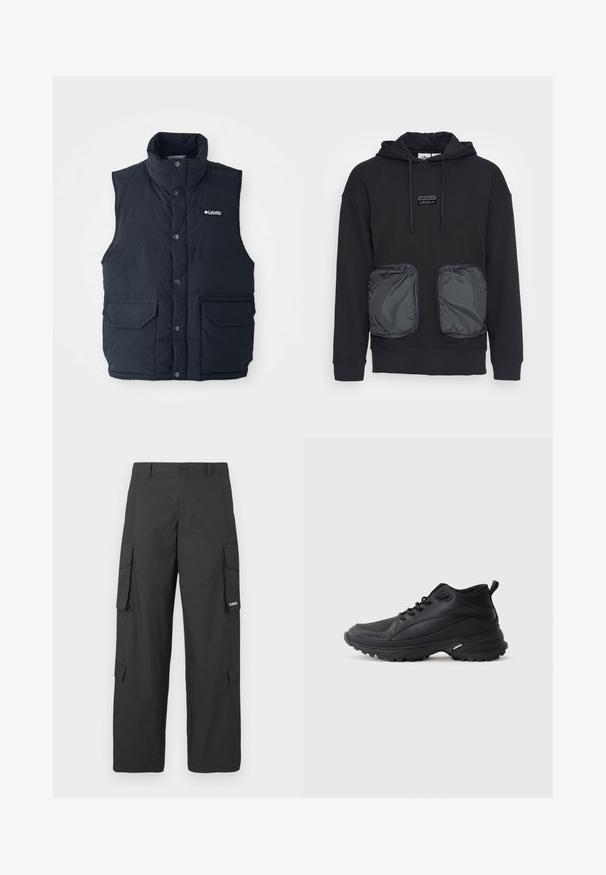 Dunkelblaues Steppweste mit hohem Kragen, Druckknöpfen und zwei Fronttaschen. Verfügt über eine gesteppte Textur und ein Logo auf der Brust.; Schwarzer Kapuzenpullover mit lässiger Passform, ausgestattet mit zwei großen Reißverschlusstaschen aus glänzendem Material auf der Vorderseite. Kleines Logopatch über den Taschen.; Schwarze gerade Cargo-Hosen mit seitlichen Klappentaschen, Druckknopfverschluss, Gürtelschlaufen und kleinem weißen Logo auf der Klappentasche rechts.; Schwarze Sportschuhe aus synthetischem Material. Ausgestattet mit einem gepolsterten Kragen, einer runden Spitze, einer robusten Laufsohle mit Profil und einem Markenlogo.