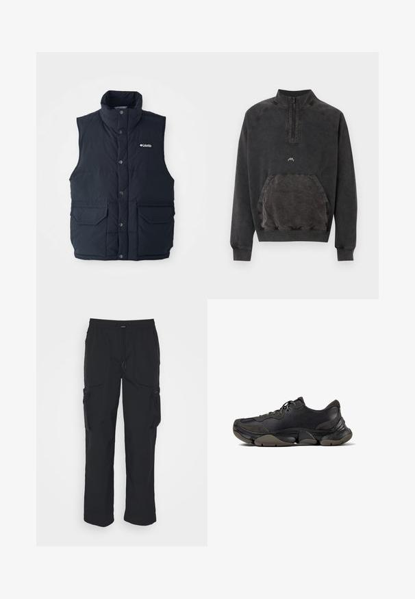 Dunkelblaues Steppweste mit hohem Kragen, Druckknöpfen und zwei Fronttaschen. Verfügt über eine gesteppte Textur und ein Logo auf der Brust.; Schwarzes Sweatshirt mit halbem Reißverschluss, Kängurutasche, gerippten Bündchen und Saum sowie kleinem "A C W" Logo auf der Brust.; Schwarze Cargo-Hosen aus gewebtem Stoff. Mit verstellbarem Bund, Seitentaschen und zwei Utility-Taschen mit Reißverschlüssen.; Schwarzer Sportschuh mit strukturiertem Sohle, Obermaterial aus Leder und Wildleder, gepolstertem Kragen und Schnürverschluss, im seitlichen Profil dargestellt.