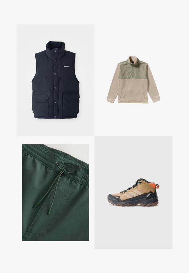 Chaleco acolchado azul marino con cuello alto, botones de presión y dos bolsillos frontales. Presenta una textura acolchada y un logotipo en el pecho.; Sudadera de forro polar en beige y verde oliva, con un diseño de media cremallera, cuello alto y dos bolsillos laterales. Textura suave en el panel superior.; Pantalones cortos de sudadera con cinturilla elástica de color verde oscuro con cordón ajustable, textura suave y detalles de costura visibles. Diseño simple y funcional.; Bota de senderismo marrón y negra con paneles de malla, tres franjas blancas, una puntera reforzada y una suela de goma texturizada para un mejor agarre.