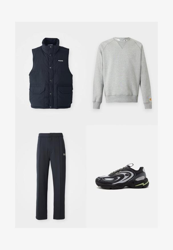 Tume sinine puhviste, millel on kõrge kaelus, nööbid ja kaks eesmist taskut. Omab tikandit ja logo rinnal.; Helehall hall crewneck-tüüpne dressipluus pikkade varrukate ja soonikkoes mansettidega ning väike logoga tahvel vasaku varruka mansetil.; Mustad sirged püksid elastse vöökoha, nööbiga kinnituse, õmblustetaile ja väikese valge "the new originals" logo vasakul reiel.; Mustast ja hallist Lacoste Storm 2K toss laine mustriga, paeltega ja paksu tallaga, millel on heleroheline aksent.