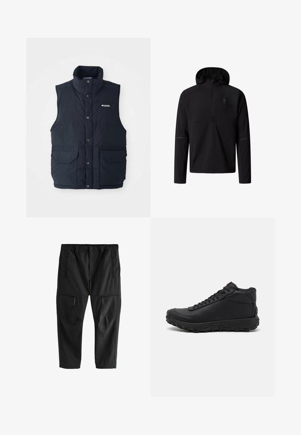 Dunkelblaues Steppweste mit hohem Kragen, Druckknöpfen und zwei Fronttaschen. Verfügt über eine gesteppte Textur und ein Logo auf der Brust.; Schwarzer Kapuzenpullover mit langen Ärmeln, Viertel-Reißverschluss und dezentem Logo auf der linken Brust, entworfen für den Außenbereich oder den Freizeitgebrauch.; Schwarze leichte Hose mit elastischem Bund, zwei seitlichen Reißverschlusstaschen und zwei Reißverschluss-Cargotaschen. Glatte Textur und gerade Schnittführung.; Schwarze High-Top-Sneaker aus strukturiertem Leder, mit einer dicken Gummisohle mit Profil und Schnürdesign. Roter Akzent auf der Zunge.