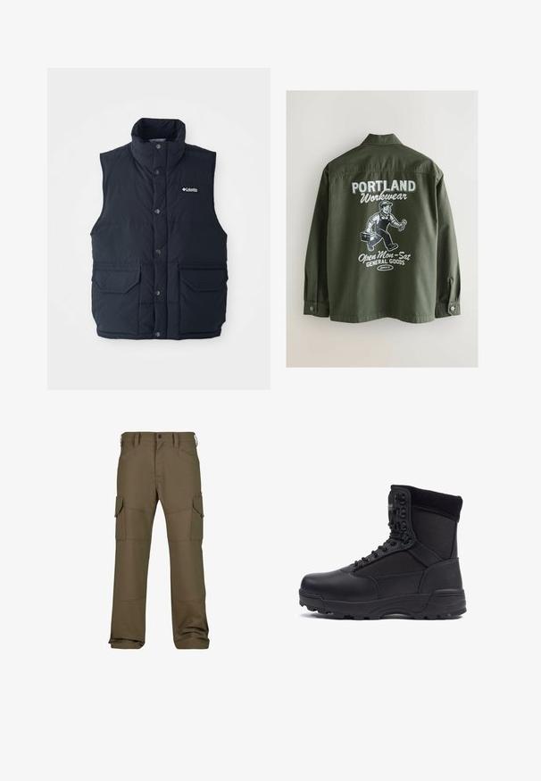 Chaleco acolchado azul marino con cuello alto, botones de presión y dos bolsillos frontales. Presenta una textura acolchada y un logotipo en el pecho.; Chaqueta de trabajo verde oliva con cuello abotonado, que presenta un gráfico blanco en la parte posterior de una persona, una caja de herramientas y texto en fuente negrita.; Pantalones cargo en verde oliva oscuro, con múltiples bolsillos, costuras reforzadas, un corte recto y una tela de textura suave.; Bota táctica negra con parte superior de piel lisa y paneles de tela, diseño de tobillo alto, cierre con cordones y suela de goma resistente.