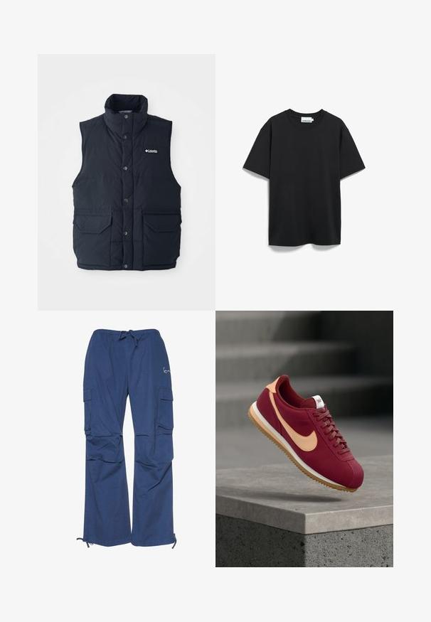 Marineblauwe gewatteerde vest met hoge kraag, drukknoopsluiting en twee voorzakken. Heeft een doorgestikt materiaal en een logo op de borst.; Eenvoudig zwart T-shirt van katoen, met een ronde hals en korte mouwen. Simpel ontwerp zonder zichtbare patronen of accenten.; Blauwe cargobroek van katoen, met een trekkoord in de taille, twee zijzakken en een losse pasvorm met boorden bij de enkels.; Bordeauxrode suède sneaker met lichtoranje Swoosh, gestructureerde veters en witte zool; ontworpen voor lichtgewicht comfort en retro esthetiek.