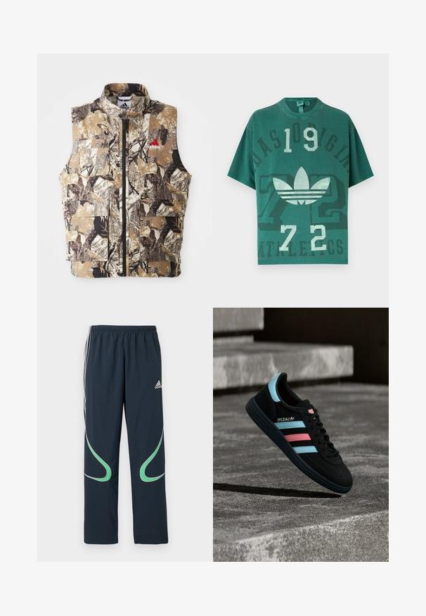 Ärmellose Weste mit Camouflage-Muster in erdigen Tönen von Braun, Beige und Schwarz. Verfügt über einen Frontreißverschluss und mehrere Cargo-Taschen. Rotes Logodetail.; Grünes, übergroßes T-Shirt mit Adidas-Logo, großen Zahlen "109" und "72" sowie verblasstem Text "Adidas Originals Athletics" auf der Vorderseite.; Marineblaue Jogginghose aus leichtem Stoff, mit weißen Streifen an den Seiten und grünen geschwungenen Akzenten. Elastischer Bund für zusätzlichen Komfort.; Schwarzer Adidas Spezial Sneaker mit blauen und pinken Streifen, der über einer strukturierten grauen Betonoberfläche mit Schatten darunter schwebt.