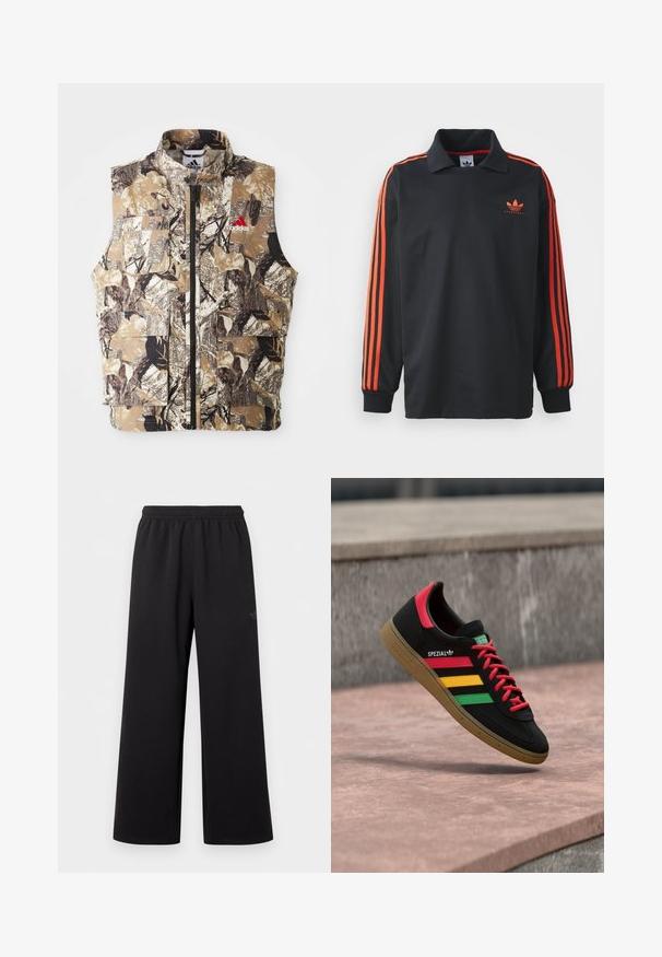 Ärmellose Weste mit Camouflage-Muster in erdigen Tönen von Braun, Beige und Schwarz. Verfügt über einen Frontreißverschluss und mehrere Cargo-Taschen. Rotes Logodetail.; Schwarzes Langarm-Polo mit Kragen, das rote Streifen an den Ärmeln und ein kleines rotes Logo auf der Brust trägt. Glatte Stoffstruktur.; Schwarze Hose mit weitem Bein, elastischem Bund und dezentem kleinem Logo am oberen linken Oberschenkel, vor schlichtem weißem Hintergrund dargestellt.; Schwarzer Adidas Spezial Sneaker mit roten, gelben und grünen Streifen, roten Schnürsenkeln, Gummisohle und rotem Fersen-Detail, schwebend über dem Pflaster gezeigt.