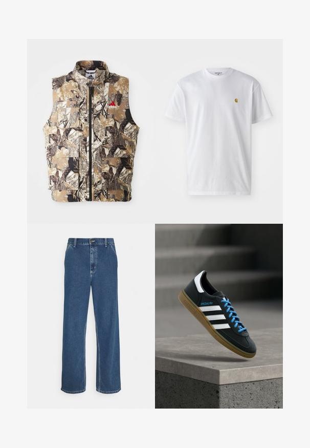 Ärmellose Weste mit Camouflage-Muster in erdigen Tönen von Braun, Beige und Schwarz. Verfügt über einen Frontreißverschluss und mehrere Cargo-Taschen. Rotes Logodetail.; Weißes Baumwoll-T-Shirt mit kurzen Ärmeln, Rundhalsausschnitt, mit einem kleinen goldenen Logo im linken Brustbereich. Weicher Stoff und normale Passform.; Blaue Jeans aus Denim mit geradem Schnitt, fünf Taschen, Metallknopfverschluss und sichtbarer Naht entlang der Nähte und des Saums.; Schwarzer Adidas-Sneaker mit weißen Streifen, blauen Schnürsenkeln und Gummisohle, der über einer grauen Betontreppe im weichen Licht schwebt.