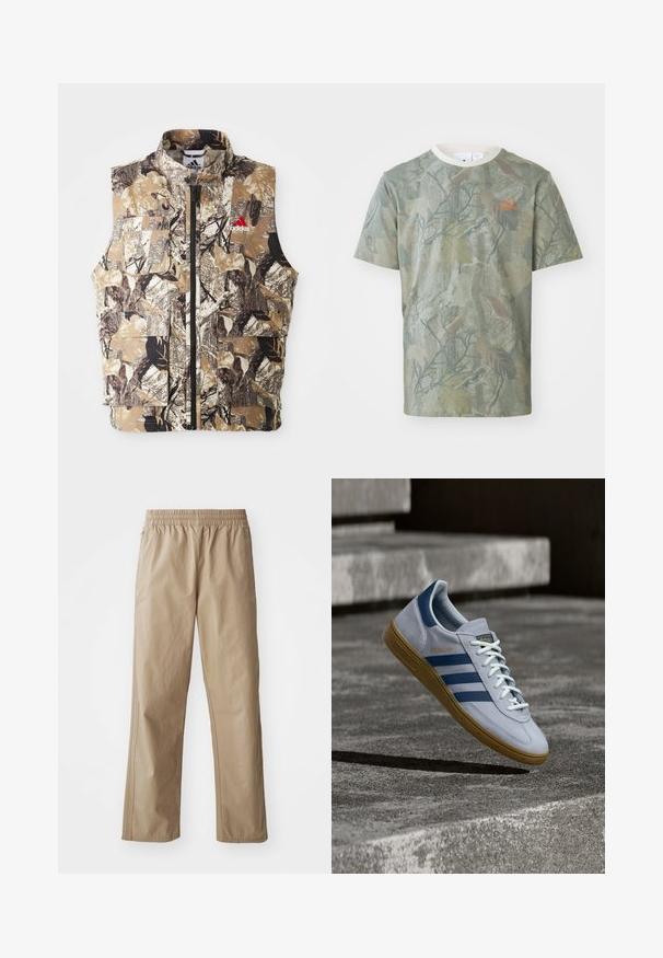 Ärmellose Weste mit Camouflage-Muster in erdigen Tönen von Braun, Beige und Schwarz. Verfügt über einen Frontreißverschluss und mehrere Cargo-Taschen. Rotes Logodetail.; Grünes T-Shirt mit Camouflage-Muster, kurzen Ärmeln, Rundhalsausschnitt und einem orangefarbenen Logo auf der linken Brust. Hergestellt aus leichtem Stoff.; Beige, leichte Hose mit elastischem Bund, geraden Beinen und Seitentaschen. Glatte Textur mit dezenten Steppnähten.; Hellblauer Adidas Spezial Sneaker mit dunkelblauen Streifen und Gummisohle, in der Luft über Betontreppen in neutralem Außenbereich gezeigt.