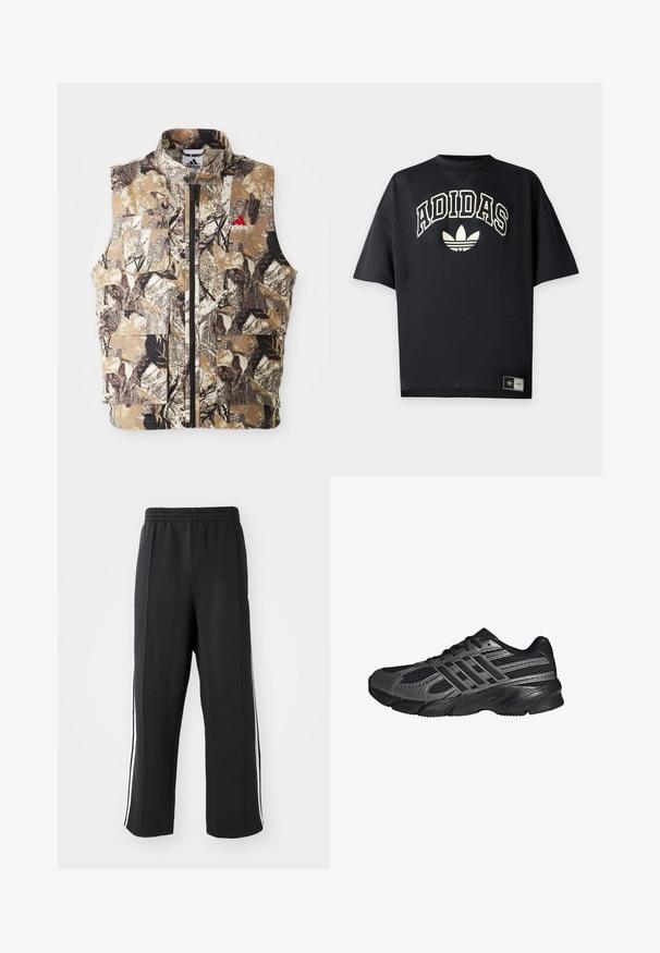 Ärmellose Weste mit Camouflage-Muster in erdigen Tönen von Braun, Beige und Schwarz. Verfügt über einen Frontreißverschluss und mehrere Cargo-Taschen. Rotes Logodetail.; Schwarzes Adidas Sportshirt mit kurzen Ärmeln aus perforiertem Stoff, weißem Adidas-Schriftzug und Trefoil-Logo auf der Vorderseite sowie Markenetikett nahe dem Saum.; Schwarze Jogginghose mit elastischem Bund, ausgestattet mit weißen seitlichen Streifen und einem lässigen Schnitt. Hergestellt aus weichem, dehnbarem Stoff.; Schwarze Sportschuhe aus Netz- und synthetischem Material, mit einer strukturierten Oberfläche, mehreren grauen Streifen und einem gepolsterten Schaft.