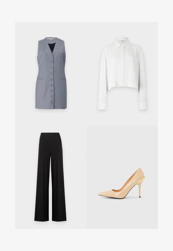 Mouwloze grijze jurk met een V-hals, voorzien van een knoopsluiting aan de voorkant, zijzakken en een getailleerde pasvorm. Gemaakt van soepel stof met een subtiele textuur.; Witte cropped shirt met lange mouwen, knoopsluiting aan de voorkant en klassieke kraag. Glad stof met gestructureerde manchetten en minimalistisch ontwerp.; Zwarte wijde broek met hoge taille, gladde voorkant zonder zichtbare zakken of sluitingen tegen een lichte achtergrond.; Beige lakleren pump met hoge hak, spitse neus en slanke stilettohak, met een klein gouden accent aan de achterkant.