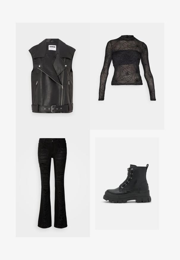 Chaleco sin mangas de cuero negro con collar con muescas, cremallera frontal diagonal, dos bolsillos laterales con cremallera y cintura con cinturón. La textura parece suave.; Vero Moda VMAYA TOP - Camiseta de manga larga - black; Jeans de mezclilla negra acampanados con acentos desgastados en la parte frontal, parches texturizados y un diseño clásico de cinco bolsillos con cierre de botón.; Botas negras hasta el tobillo de cuero texturizado con suela de goma gruesa, cierre con cremallera y diseño de cordones con ojales de plata.