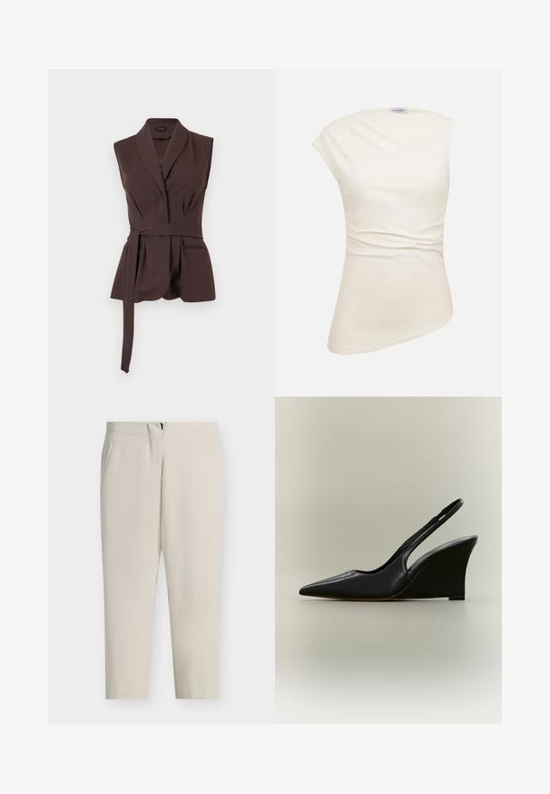 Veste sans manches marron foncé ajustée avec col châle et ceinture longue en tissu fixée, poches avant, coupe structurée sur fond blanc.; Haut asymétrique sans manches de couleur crème, avec une texture subtile et un léger froncement à la taille, étiqueté "ANNA FIELD" au niveau du col.; Pantalon beige sur mesure avec une coupe droite, poches latérales et fermeture éclair frontale. Tissu lisse avec un design épuré et minimaliste.; Chaussure slingback en cuir noir avec bout pointu et talon compensé haut sur fond neutre.